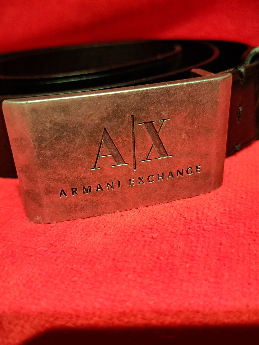 Armani Exchange Black Leather Belt with Distressed Silver A|X Buckle